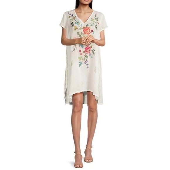 Johnny Was Adele Drape Tunic Dress Floral Embroid Flowers Plaid Viscose Blue New - Picture 4 of 9